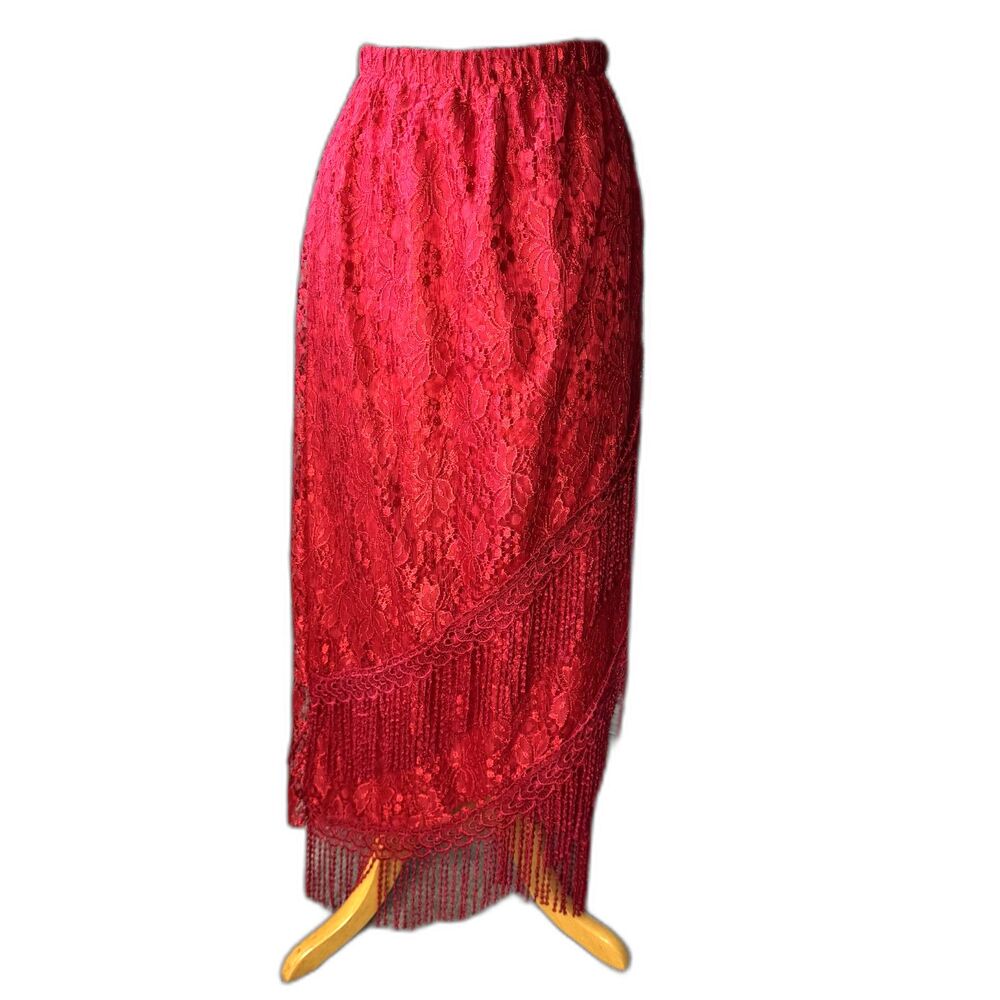 Size XL Y2K Vintage red lace fringe maxi skirt (10506)